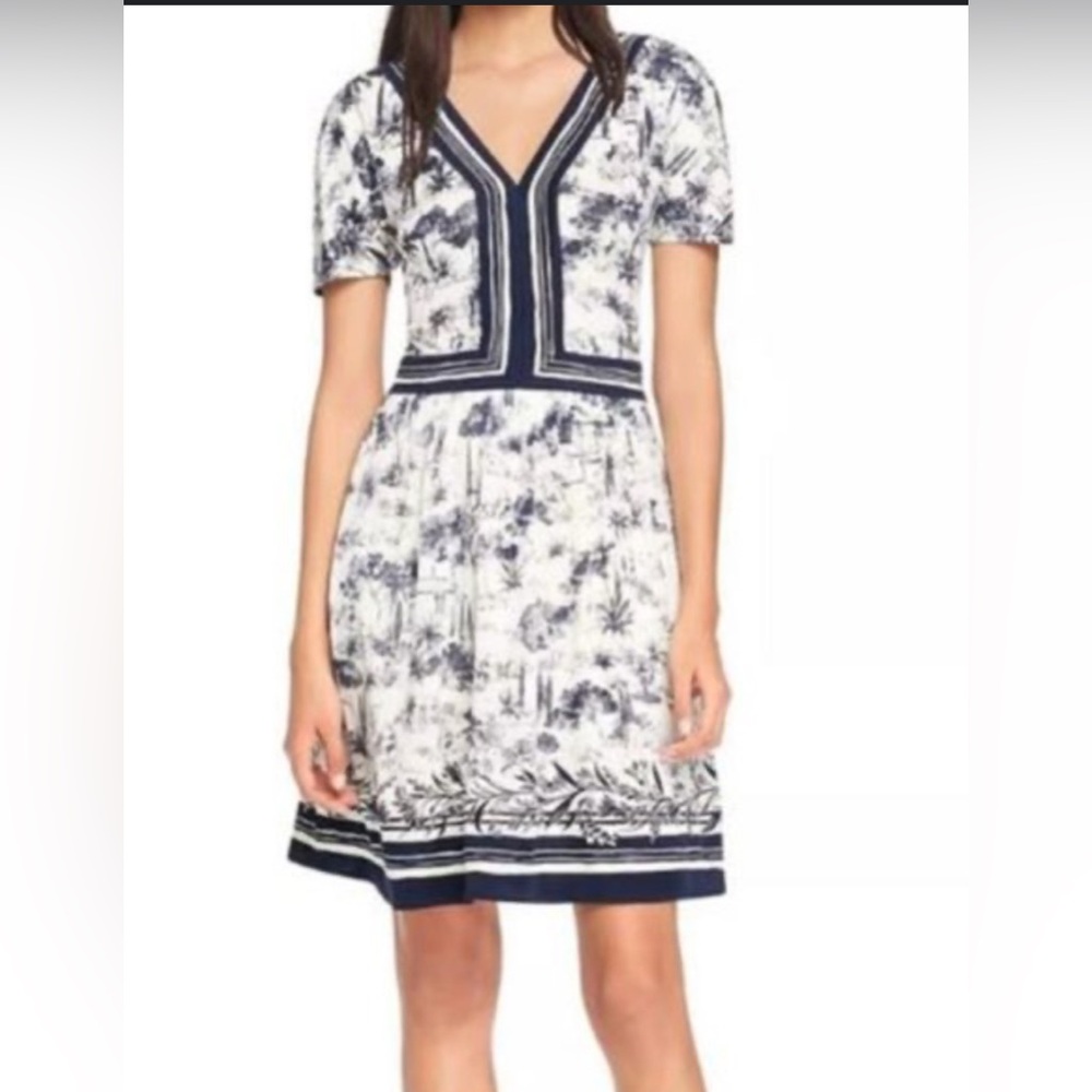 Tory Burch Silk Blue Tropical Toile Print V-Neck Short Sleeve A line Dress sz S